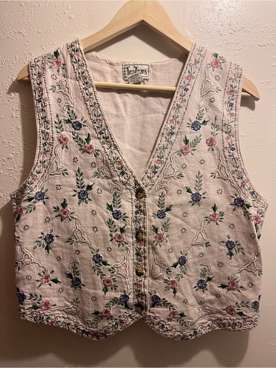 Tantrums Tops - Tan Trums Tan Embroidered Floral Vest Women’s Size Medium Natural Fibers